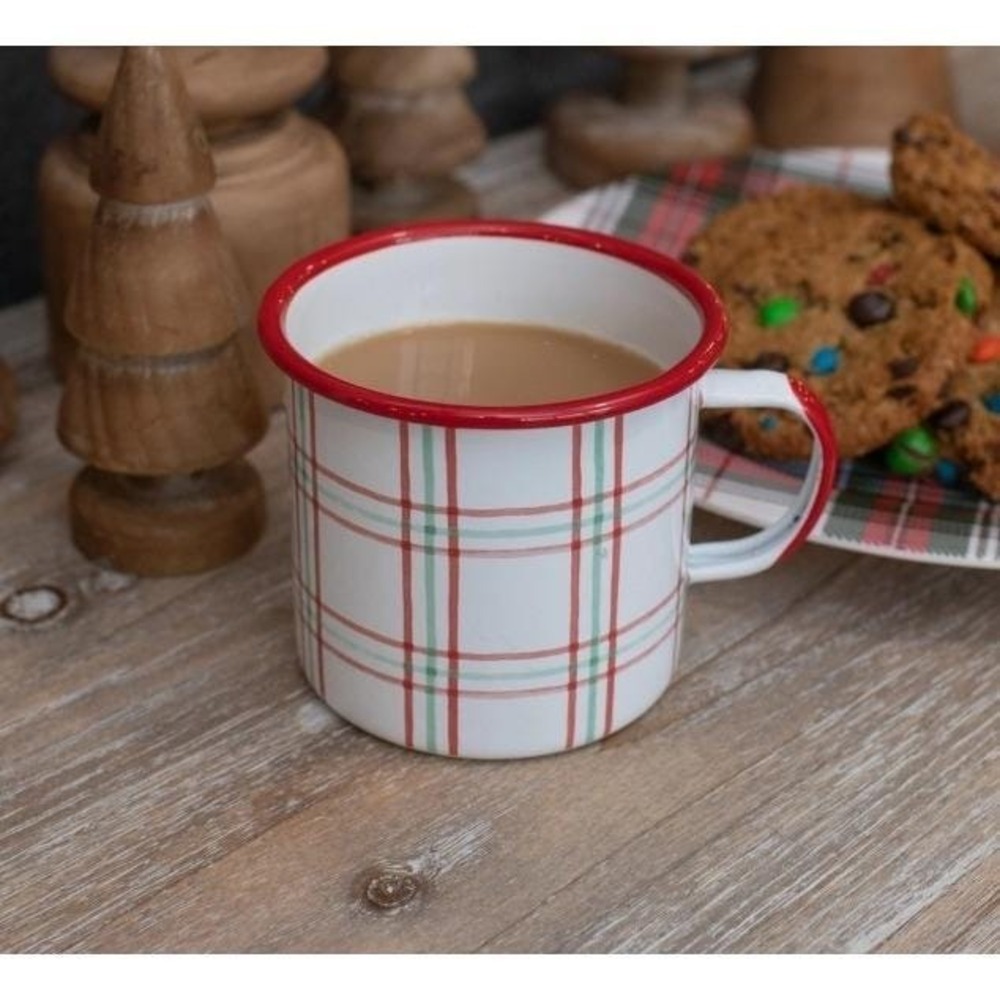 Ragon House Red,‎ Green & White Camp Mug Enamelware Coffee Cup Plaid NEW